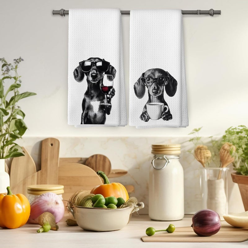 Mcehtle Dachshund Kitchen Towels Set of 2, Funny Kitchen Decor, Coffee Station Wine Bar Decor, Black and White Dog Owner Hand Towel, Wiener Lover Dining Room Kitchen Decorative Tea Towels 16x24 Inch - Image 4